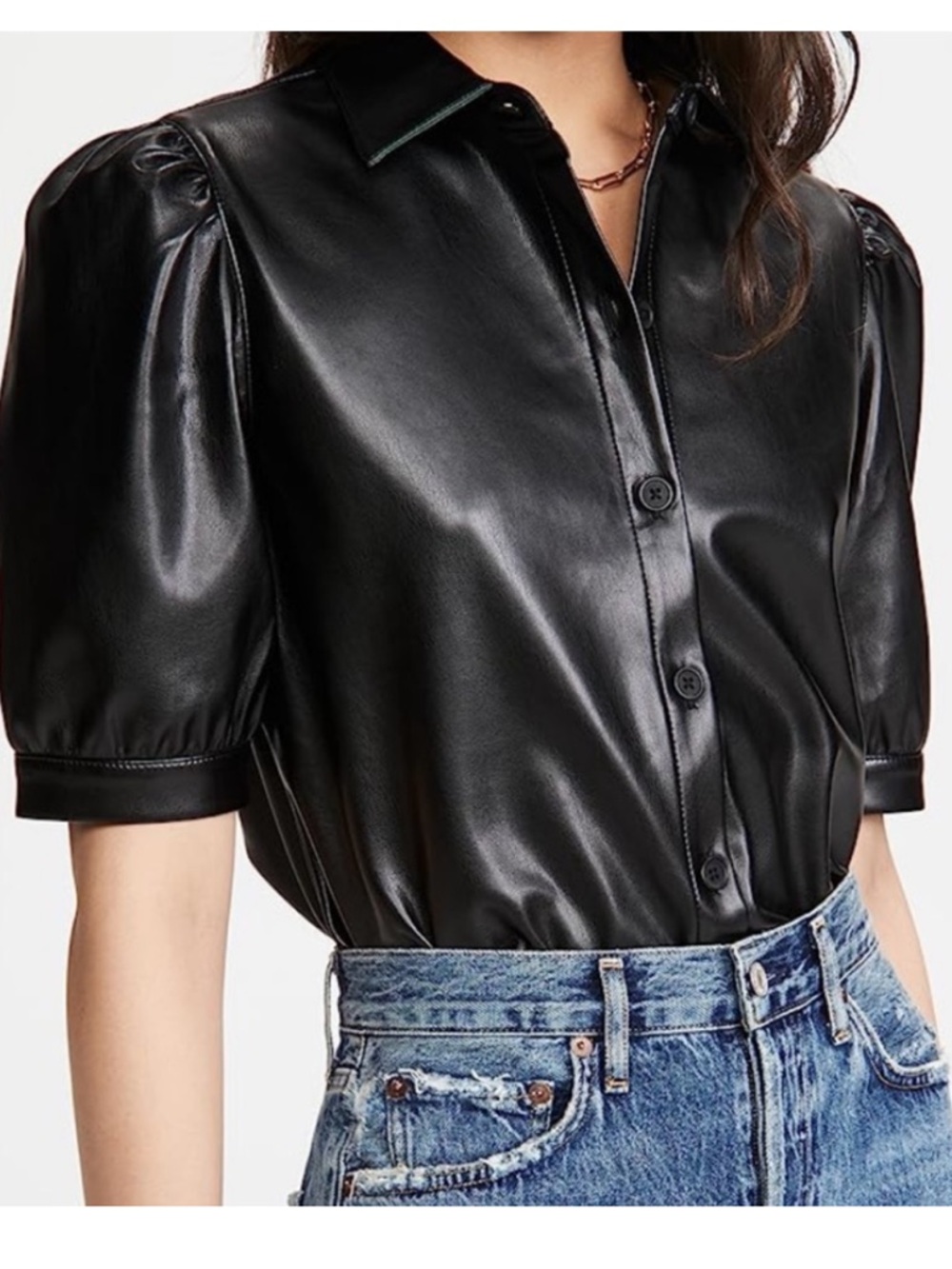 Steve Madden Black Faux Leather Puff Sleeve Button-Front Top
